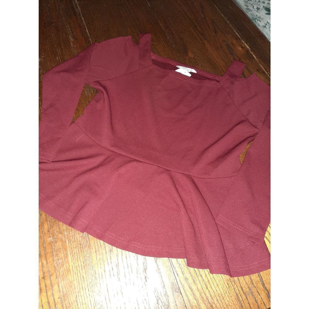 New XXL Burgandy Meaneor Long Sleeve Cold Shoulder Blouse Top Ruffle Bot…